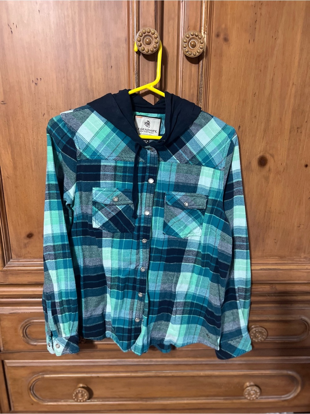 Legendary Whitetails womens Teal Plaid Hooded Flannel Shirt medium